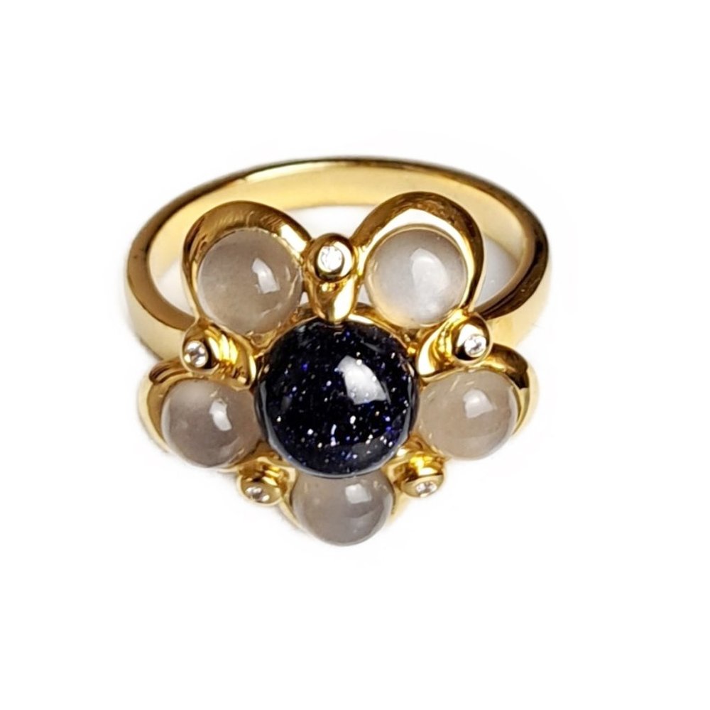 NWOT Hespera's Bubble Flower Ring - Gray Moonstone and Black Sunstone